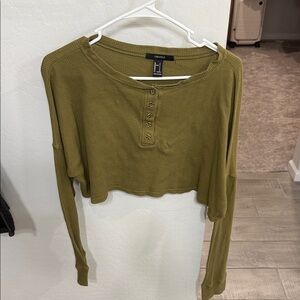 Forever 21 Olive Green Waffle-Knit Henley Crop Top